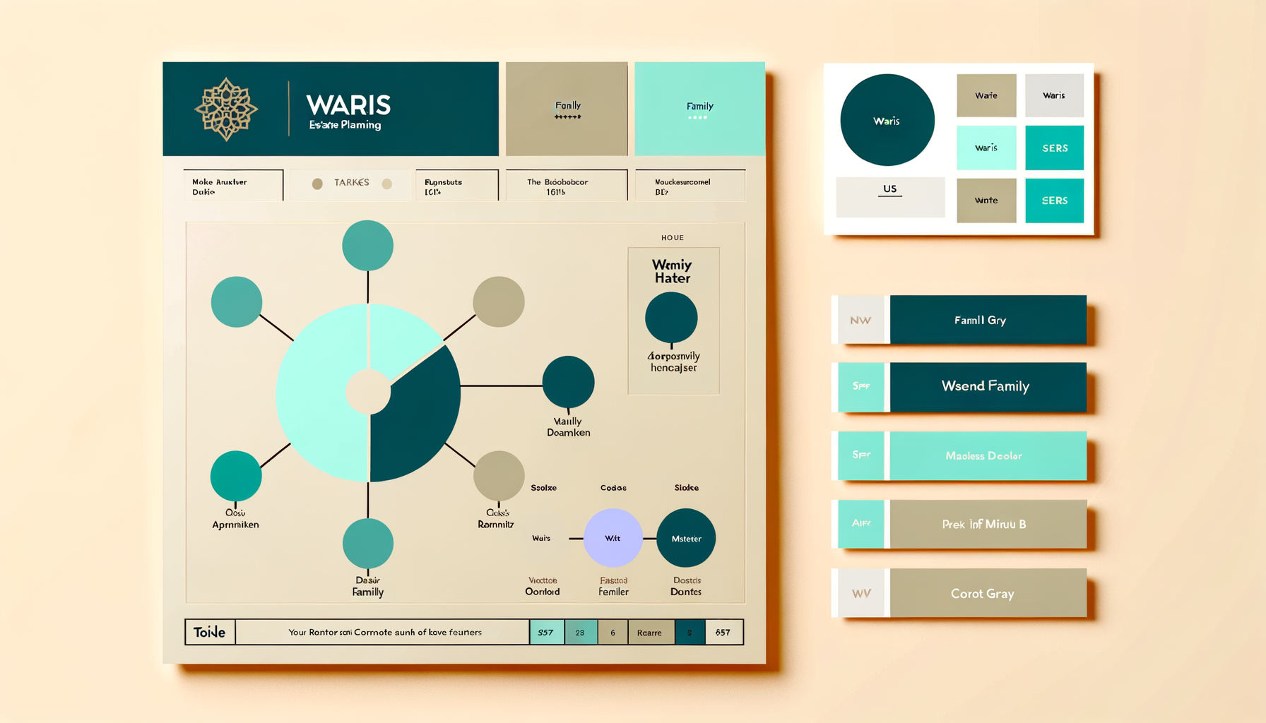Waris estate planning dashboard showing family tree, asset distribution, and action items
